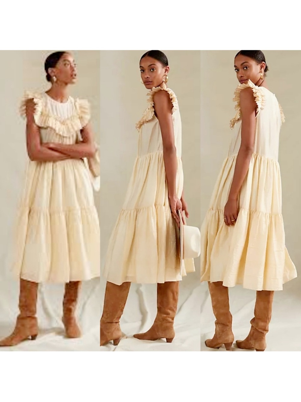 Anthropologie Corey Lynn Calter Soft Cream Tiered Ruffle Midi Dress size small